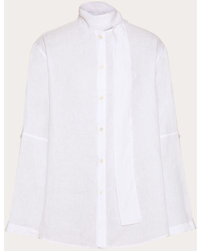 Valentino Linen Shirt With Scarf Collar And Vlogo Signature Embroidery - White