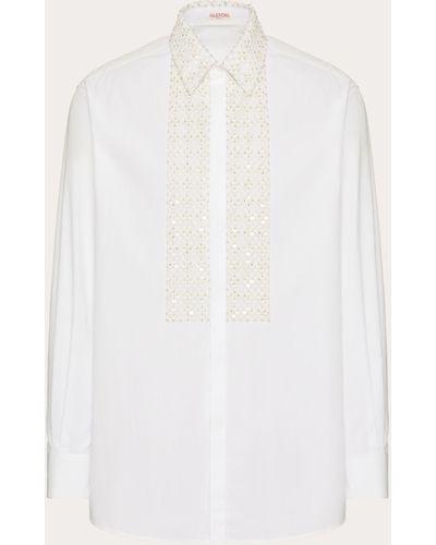 Valentino Long-sleeved Cotton Shirt With Plastron Embroidered With Sequins And Beads - White