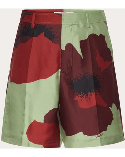 Valentino Silk Twill Bermuda Shorts With Flower Portrait Print - Red