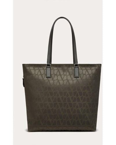 Valentino Garavani Toile Iconographe Shopping Bag In Technical Fabric With Leather Details - Green