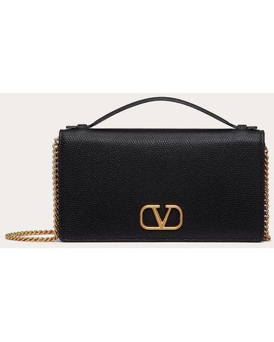 Valentino Garavani Vlogo Signature Grainy Calfskin Wallet With Chain - Black