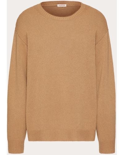 Valentino Cashmere Crewneck Sweater With Stud - Natural