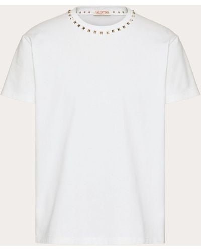 Valentino Cotton Crewneck T-shirt With Black Untitled Studs - Natural