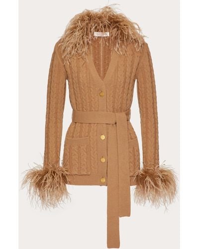 Valentino Embroidered Wool Cardigan With Feathers - Natural