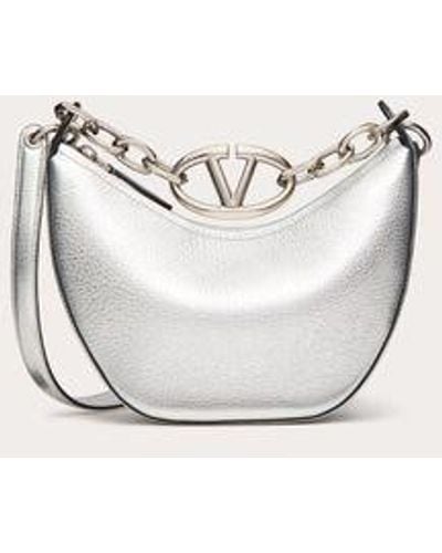 Valentino Garavani Vlogo Moon Mini Hobo Bag In Metallic Grainy Calfskin With Chain - Natural
