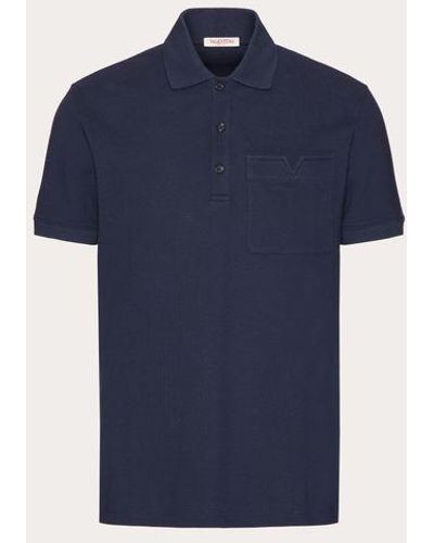 Valentino Cotton Piqué Polo Shirt With Topstitched V Detail - Blue