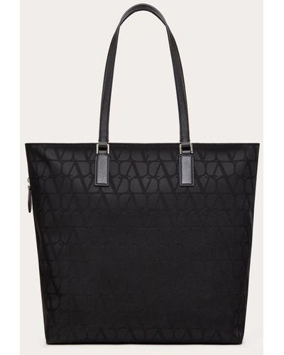 Valentino Garavani Toile Iconographe Shopping Bag In Technical Fabric With Leather Details - Black