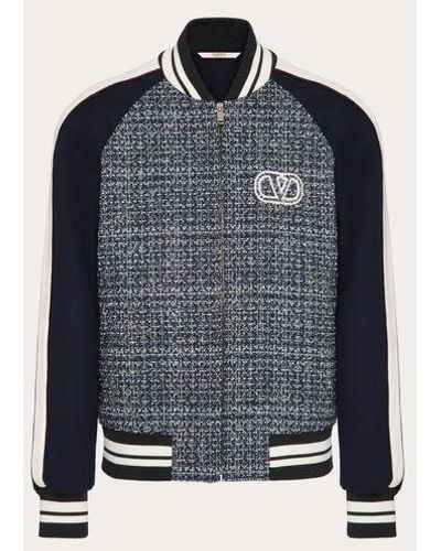 Valentino Cotton And Viscose Tweed Bomber Jacket With Vlogo Signature Patch - Blue