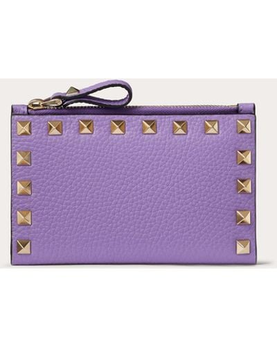 Valentino Garavani Rockstud Grainy Calfskin Cardholder With Zipper - Purple