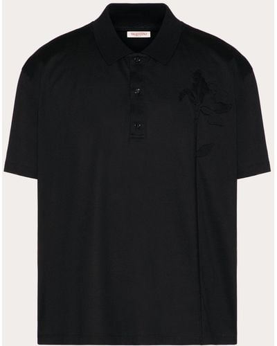 Valentino Mercerised Cotton Polo Shirt With Flower Embroidery - Black