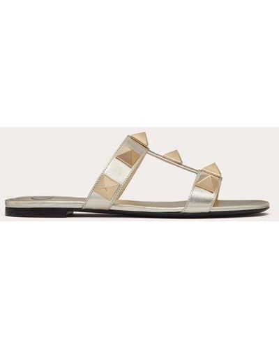 Valentino Garavani Roman Stud Metallic Nappa Slide Sandal With Matching Studs - Natural