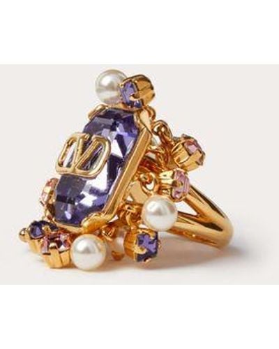 Valentino Garavani Vlogo Signature Metal Ring With Pearls And Crystals - Multicolour