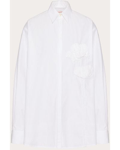 Valentino Long-sleeved Cotton Poplin Shirt With Embroidered Pleated Flower - White