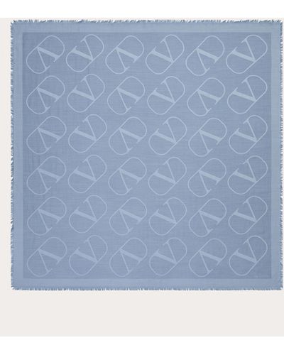 Valentino Garavani Vlogo Signature Jacquard Shawl In Silk And Wool 140x140 Cm - Blue