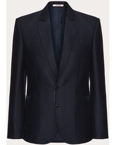 Valentino Wool And Silk Single-breasted Jacket With Rubberised V Detail - Blue