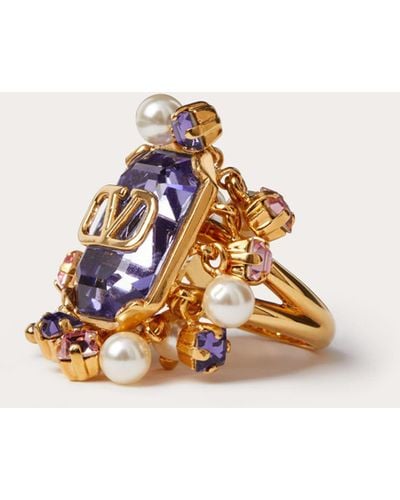 Valentino Garavani Vlogo Signature Metal Ring With Pearls And Crystals - Multicolour