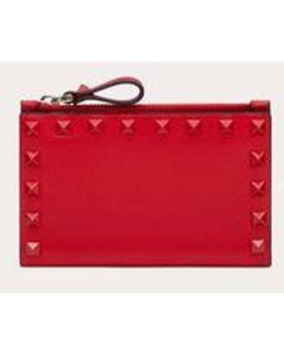 Valentino Garavani Rockstud Calfskin Cardholder With Zip - Red