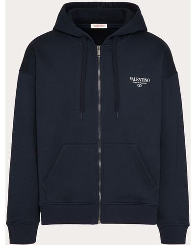 Valentino Cotton Sweatshirt With Hood, Zip And Print - Blue