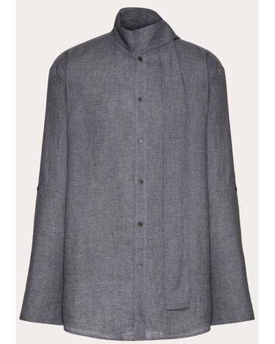 Valentino Linen Shirt With Scarf Collar And Vlogo Signature Embroidery - Grey
