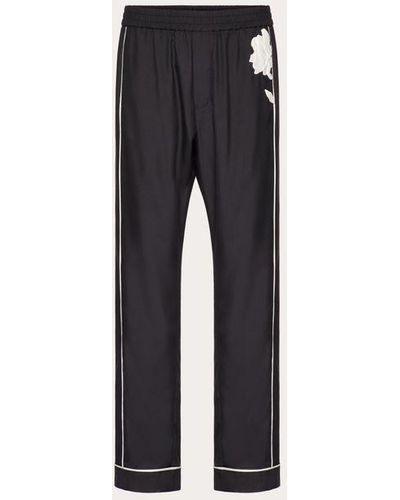 Valentino Silk Poplin Pyjama Trousers With Flower Embroidery - Blue