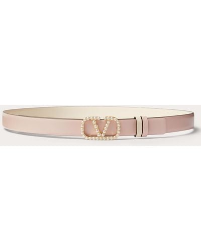 Valentino Garavani Vlogo Signature Reversible Belt In Shiny Calfskin With Pearls 20 Mm - Natural