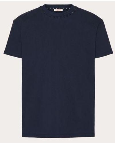 Valentino Cotton Crewneck T-shirt With Black Untitled Studs - Blue