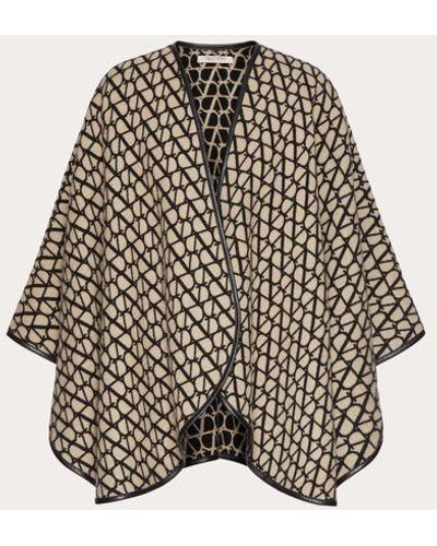 Valentino Garavani PONCHO TOILE ICONOGRAPHE EN LAINE, CACHEMIRE ET CUIR - Neutre