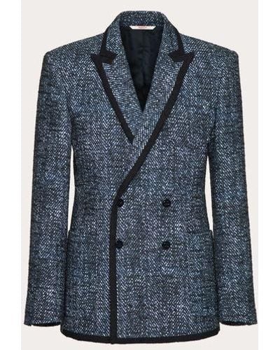 Valentino Double-breasted Jacket In Cotton And Viscose Tweed With Microchevron Print - Blue
