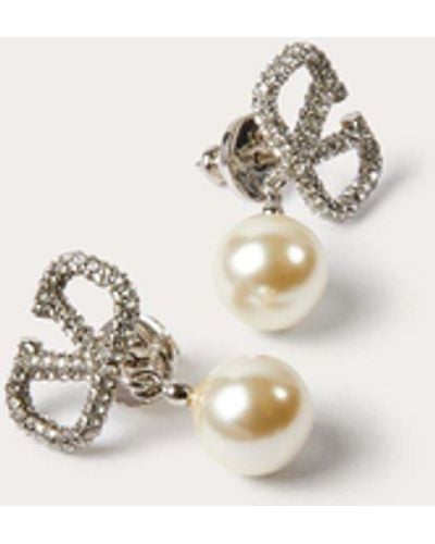Valentino Garavani Vlogo Signature Metal Earrings With Crystals And Pearls In Swarovski® Crystal - Natural