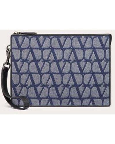 Valentino Garavani Toile Iconographe Pouch In Denim-effect Jacquard Fabric With Leather Details - Blue
