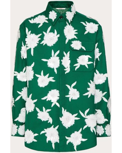 Valentino Double Cotton Shirt Jacket With Embroidered Sequin Flowers - Green