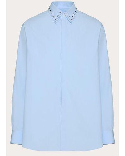 Valentino Long-sleeved Cotton Poplin Shirt With Cabochons - Blue