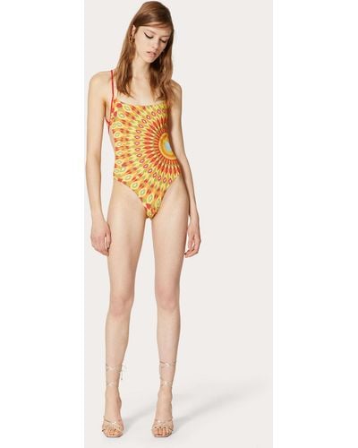 Valentino Swimsuit In Lycra Stampa Round Rain - Arancione