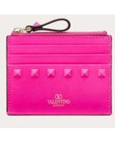 Valentino Garavani Rockstud Calfskin Cardholder With Zip - Pink