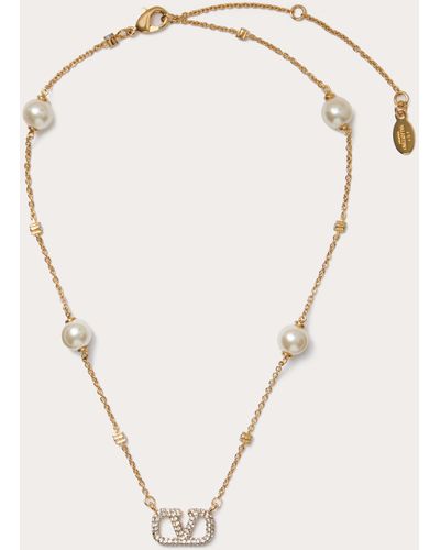 Valentino Garavani Vlogo Signature Metal Necklace With Swarovski® Crystals And Pearls - Natural