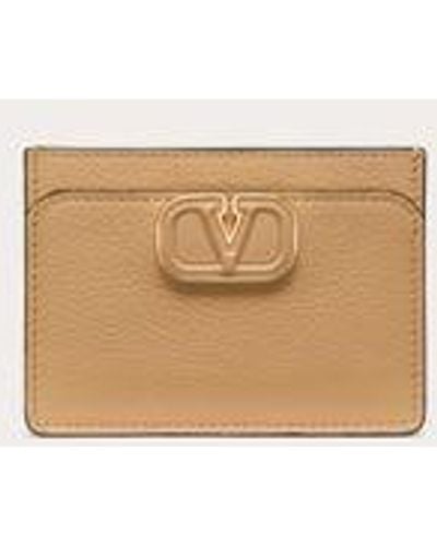 Valentino Garavani Leather Vlogo Card Holder In Grainy Calfskin - Natural