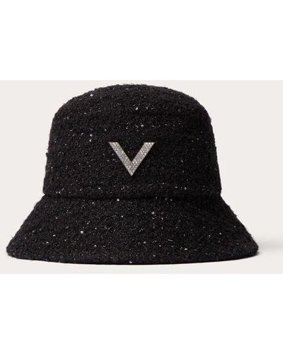 Valentino Garavani V Detail Tweed Bucket Hat With Metal V Appliqué And Swarovski® Crystal Pavé - Black