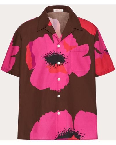 Valentino Cotton Poplin Bowling Shirt With Flower Portrait Print - Pink