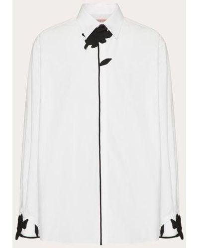Valentino Long-sleeved Shirt In Cotton Poplin With Flower Embroidery - White