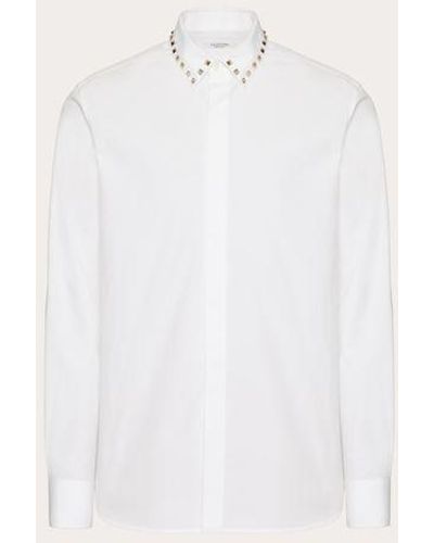 Valentino Long Sleeve Cotton Shirt With Black Untitled Studs On Collar - White
