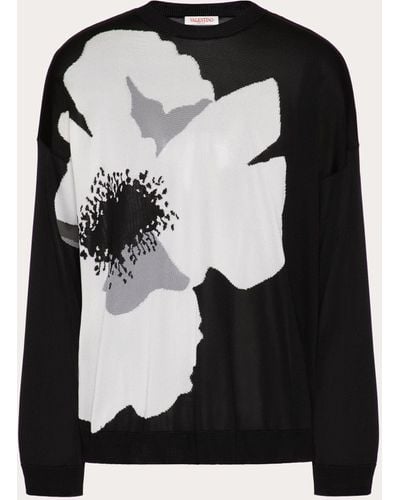 Valentino Viscose Crewneck Sweater With Flower Portrait Inlay - Black