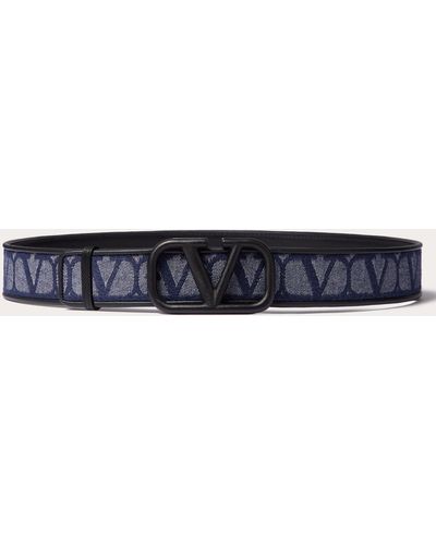 Valentino Garavani Denim-effect Jacquard Toile Iconographe Belt With Leather Details - Blue