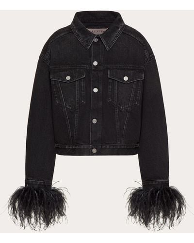Valentino Embroidered Denim Jacket With Feathers - Black