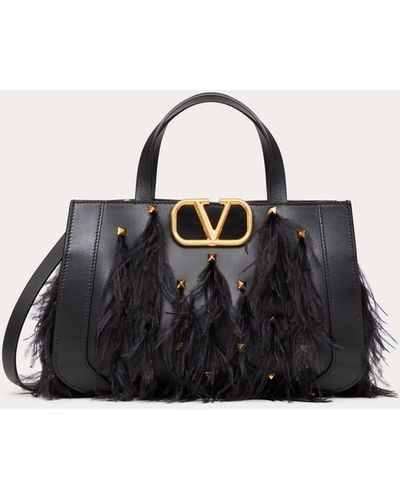 Valentino Garavani Vlogo Signature Small Leather Handbag With Feathers - Black