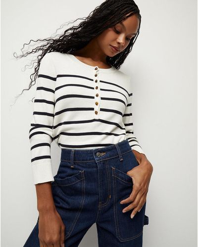 Veronica Beard Dianora Striped Knit Top Off-white Navy - Blue