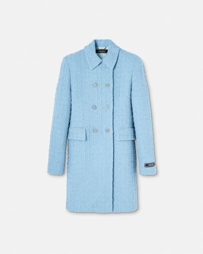Versace Bouclé Tweed A-line Long Coat - Blue