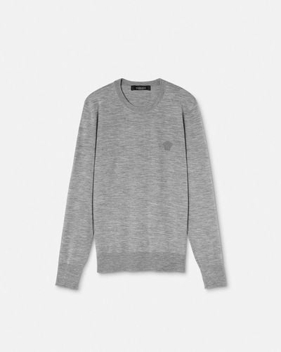 Versace Embroidered Wool-blend Sweater - Gray