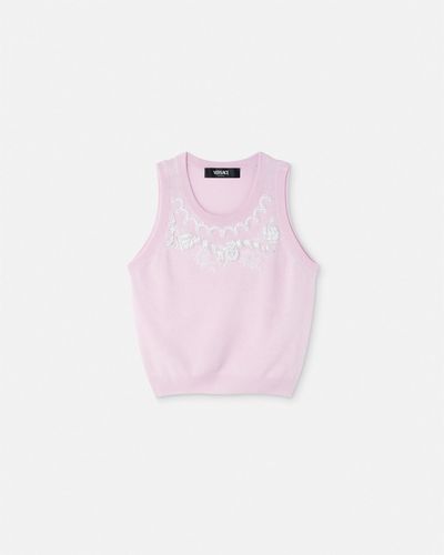 Versace Embroidered Cashmere Knit Top - Pink