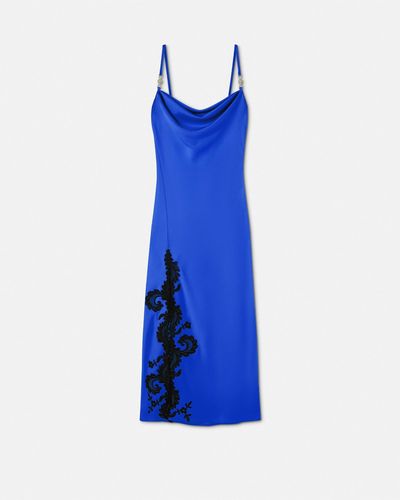 Versace Barocco Lace Cowl Slip Midi Dress - Blue