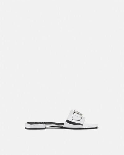 Versace Medusa Buckle Metallic Flat Sandals - White